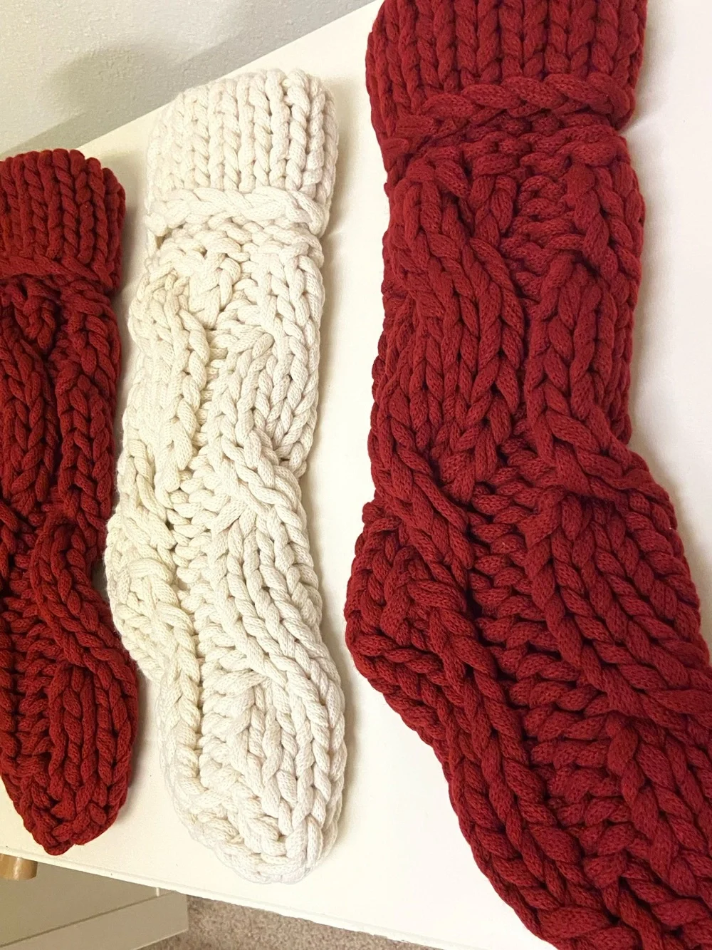 Pottery Barn COLOSSAL KNIT STOCKING chunky hand-knit Lot 3 Red & Ivory Holiday